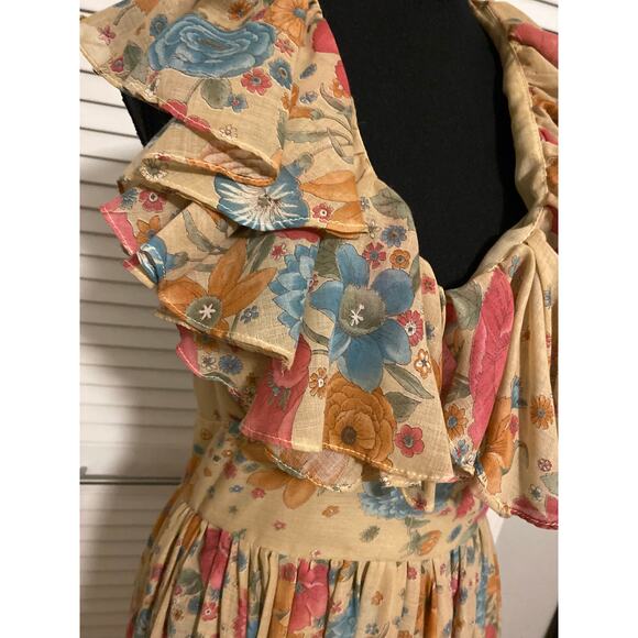 1970s Vintage Denise Are There Floral Halter Maxi Dress Ruffled Small Medium Jr - Picture 7 of 11